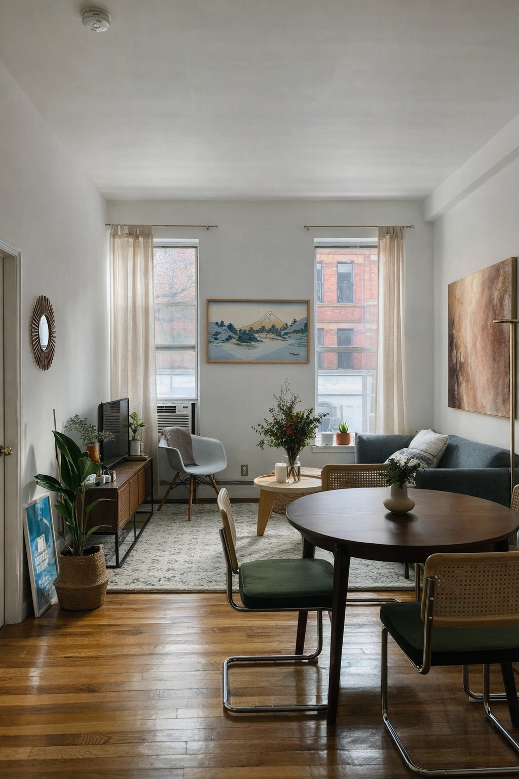 Living room with a round wooden table, chairs, and a television, showing a picture of Hokusai's "Surface of Lake Misaka, Kai Province" hanging on the wall