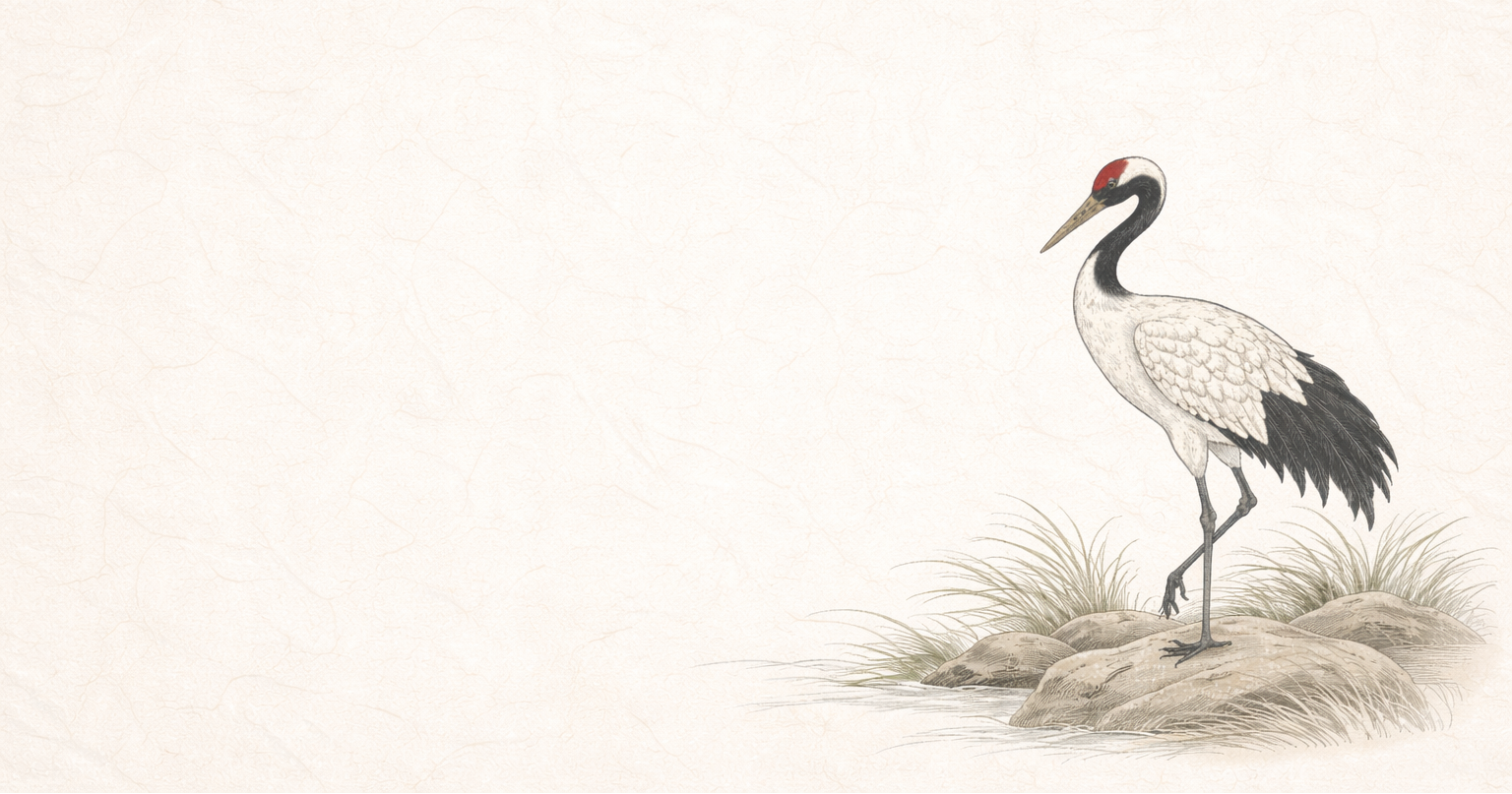 Illustration of a crane standing on a patch of grass with a plain background